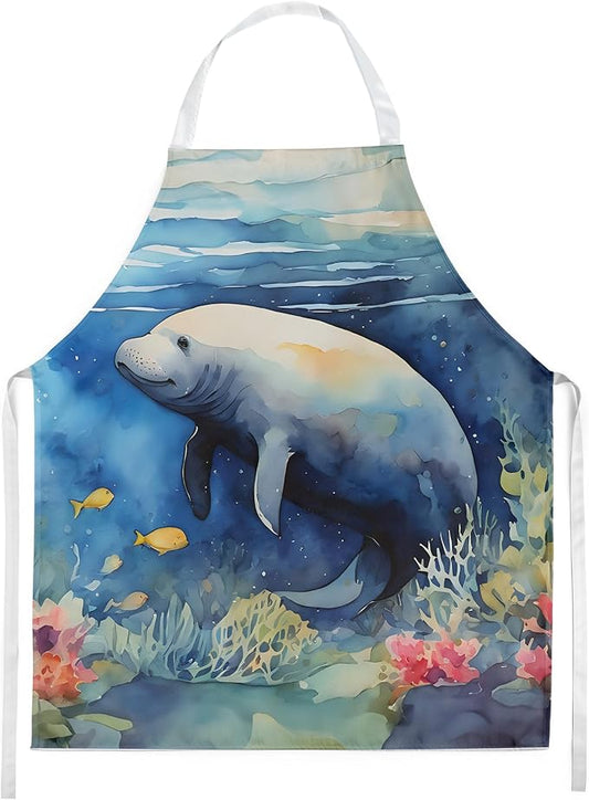 Caroline's Treasures Manatee Apron Cooking Kitchen Server Baking Crafts Gardening for Adult Women Men, Unisex, Large, Multicolor