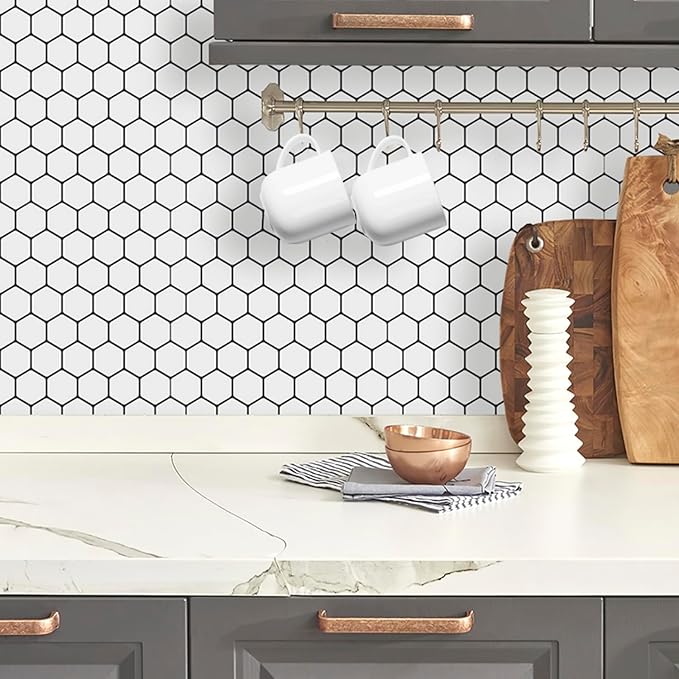 DÉCOR WOW Peel & Stick Backsplash for Kitchen & Bathroom, (8) 12x12-inch Sheets Covers 8 Sq. Ft, White Hexagon