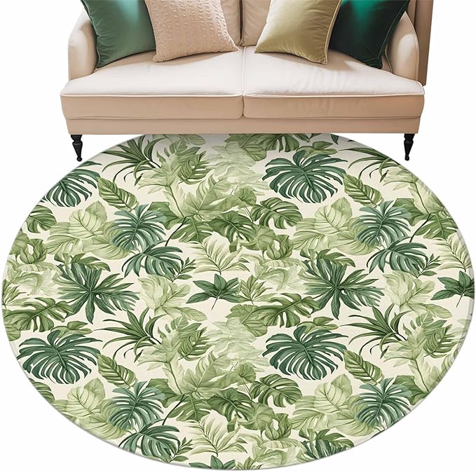 Washable Round Area Rug Green Palm Leaf Watercolor Circle Rugs Floor Carpet for Living Room Bedroom, Summer Tropical Leaves Soft Non Slip Round Rug 5ft