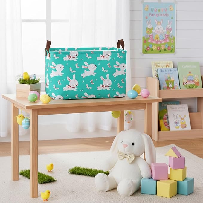 Large Rectangular Cute Kid Easter Basket Empty Bunny Eggs Easter Basket Gift Spring Room Storage Organizer Décor (E-07)