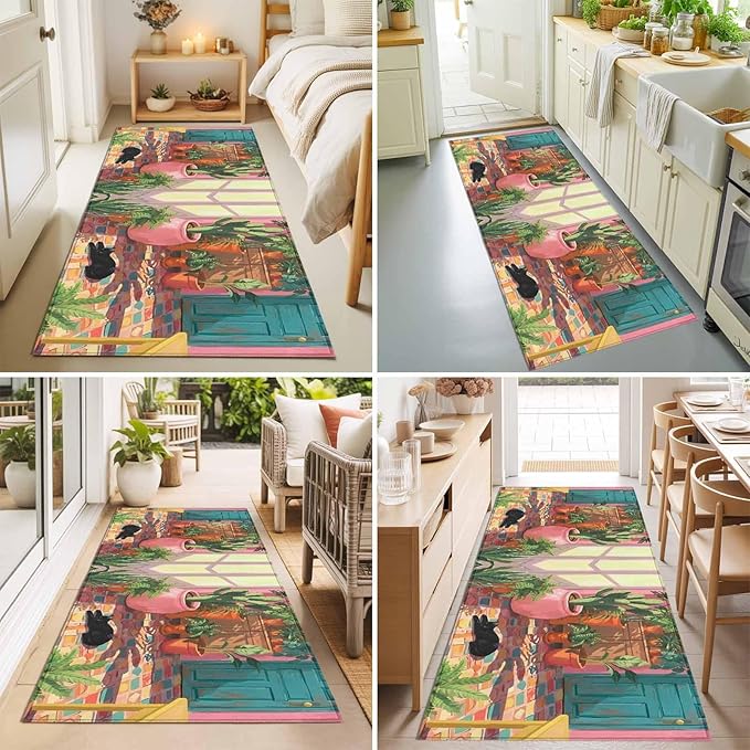 Runner Rug for Bedroom Hallway, Sleeping Cat Pink Sunlit Room Kitchen Runner Rugs Area Rug 2x6ft, Potted Plants Washable Soft Floor Carpet for Entryway Stair