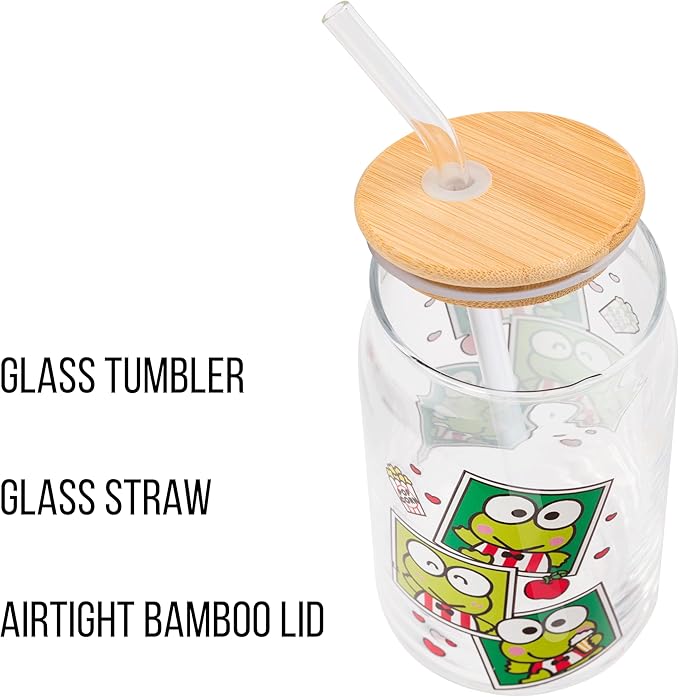 Silver Buffalo Sanrio Hello Kitty and Friends Keroppi Polaroids Glass Jar Tumbler with Bamboo Lid and Glass Straw, 16 Ounces (Pack of 12)