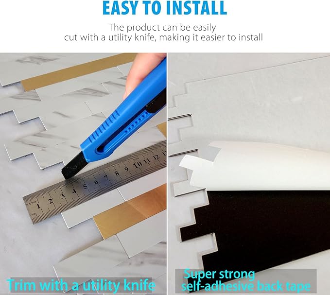 10-Sheet Peel and Stick Backsplash Tile, PVC Mixed Meta,l Stick on Kitchen, Bathroom Vanities, Fireplace Décor, Laundry Table(11.2" X 12.7") (10, White Marble + Golden)