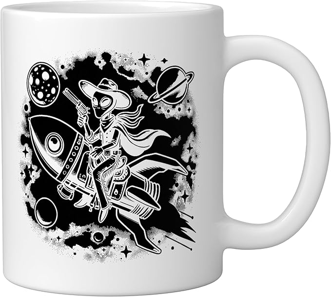 Alien Lover Flying Saucer UFO Extraterrestrial Cowboy Ceramic Mug, White