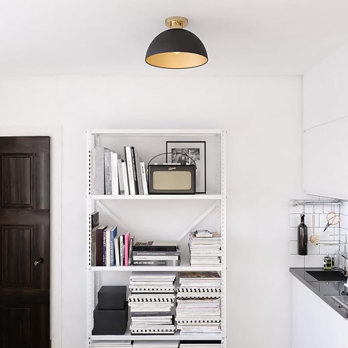 VAXCEL Devon 12.75 inch Matte Black and Satin Brass Semi Flush Ceiling Light, Mid-Century Modern Design, Large Open Dome, Dimmable, E26 LED Compatible, Mounting Hardware Included