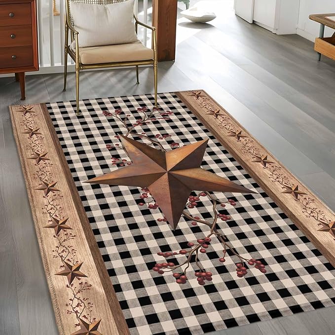 Brown Texas Star Retro 4x6 Area Rugs, Country Star Non-Skid Rubber Backing Large Rectangle Rugs - Living Room Bedroom Home Office, Black White Plaid Wooden Indoor Floor Mat Carpets Washable Rug
