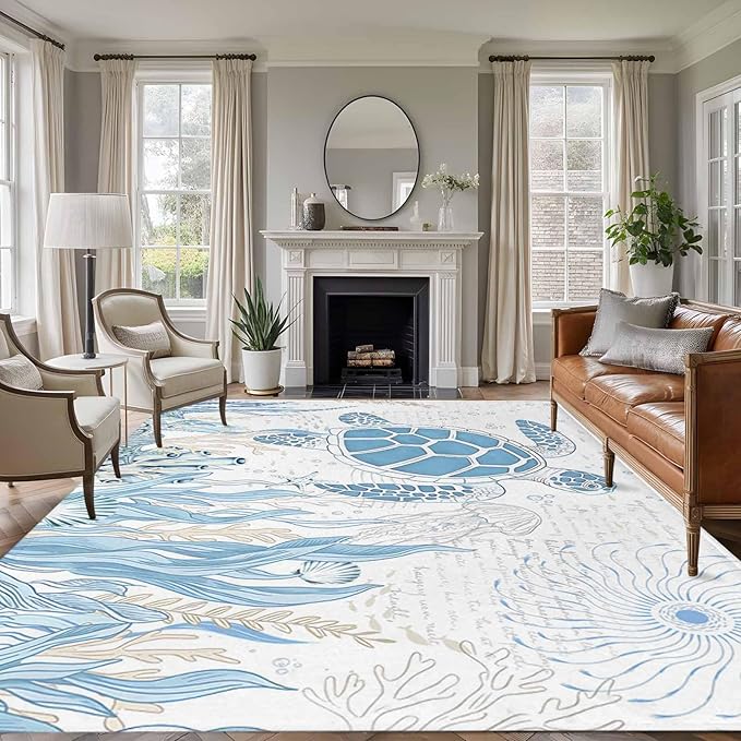 Area Rug 6x9ft, Blue Sea Turtles Stars Corals Washable Rugs for Living Room Bedroom, Vintage Marine Life Soft Non-Slip Area Rugs Rectangle Floor Carpet for Dining Room