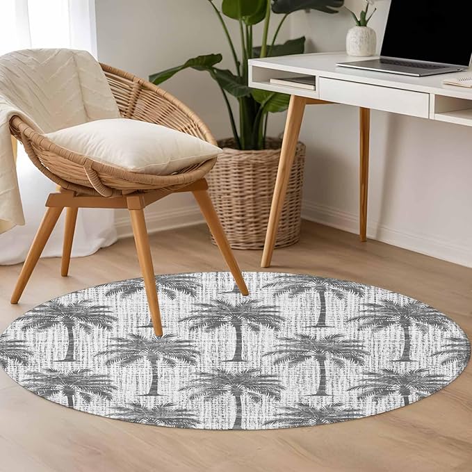 Washable Round Area Rug Summer Palm Tree Retro Linen Circle Rugs Floor Carpet for Living Room Bedroom, Tropical Gray Botanical Soft Non Slip Round Rug 3ft
