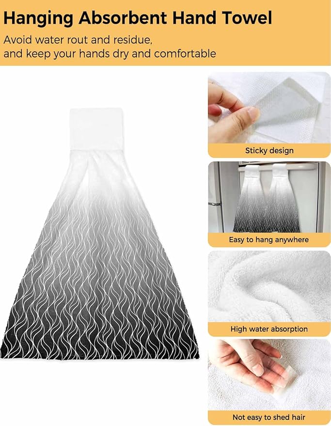 Alandar Home Kitchen Tie Towel Set of 1, Abstract Stripe Black Gradient Absorbent Soft Hand Towels for Bathroom Hanging Towels, Modern Morocco Line Fast Drying Cleaning Cloth with Loop