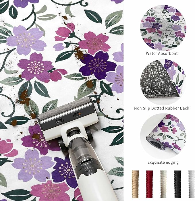 Area Rug 9x12ft, Country Purple Pink Flower Green Leaf Washable Rugs for Living Room Bedroom Rectangle Floor Carpet, Pastoral Floral Plant Soft Non-Slip Area Rugs for Dining Room
