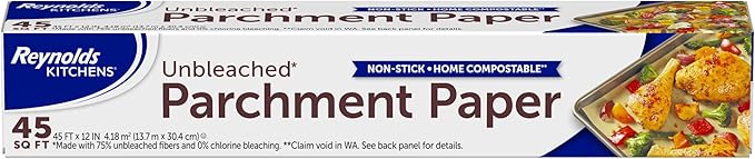 Reynolds Kitchens Unbleached Parchment Paper Roll,Non Stick Parchment Paper for Cooking and Baking,Oven Safe up to 425 Degrees,Chlorine-Free,45 Feet x 12 Inches,45 Total Sq. Ft.,(Pack of 12)