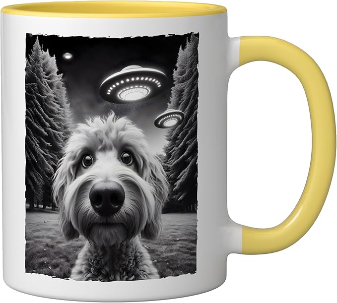 Funny Golden Doodle Selfie UFO Encounters for Dog Lovers Ceramic Mug, Yellow/White