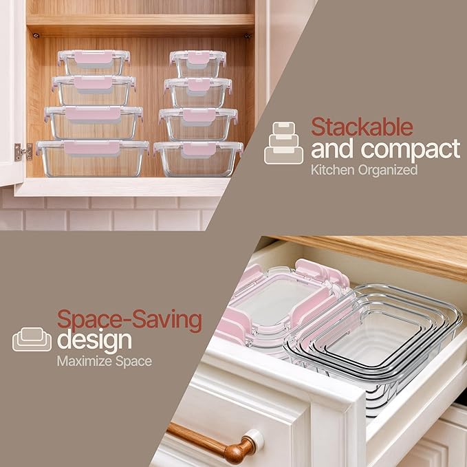 Bakken Borosilicate Glass Food Storage Containers with Lids 16 Pieces, BPA-Free Stackable Lunch & Leftover Containers, Microwave, Freezer & Dishwasher Safe, 100% Airtight Leak-Proof, Pink