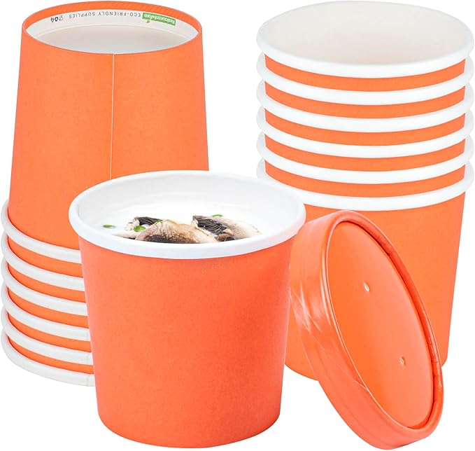 Restaurantware Bio Tek 12 Ounce Disposable Soup Cups 200 Microwavable Paper Soup Cups - Vented Lids Sold Separately Hot And Cold Foods Orange Paper To Go Soup Containers For Desserts Or Treats