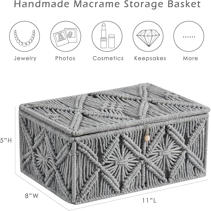 Decorative Boho Storage Baskets with Lid Bohemian Macrame Jewelry Box Handmade Natural Cotton Rope Woven Bins Memory Keepsake Photo Makeup Organizer Shelf Container (Gray, Large)