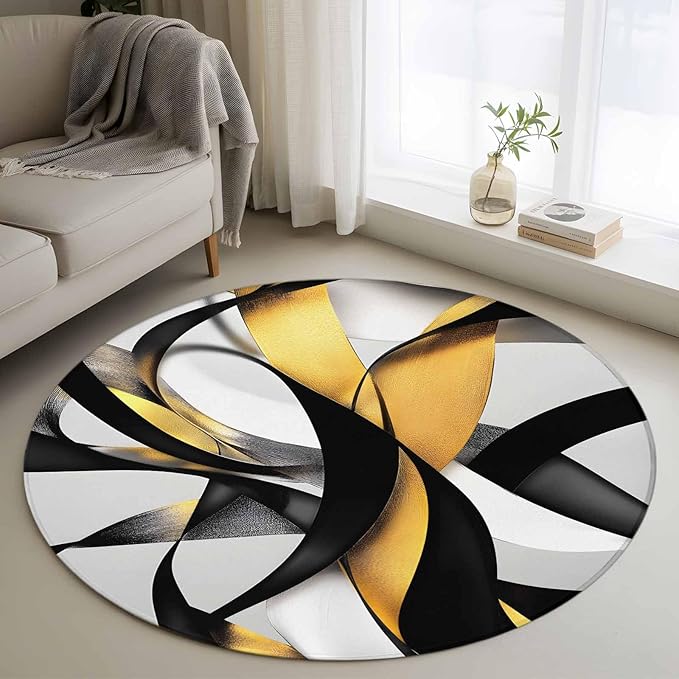 Washable Round Area Rug Modern Geometric Stripe Texture Circle Rugs Floor Carpet for Living Room Bedroom, Abstract Gold Black White Line Soft Non Slip Round Rug 3ft