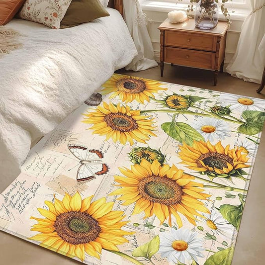 Sunflower Farmhouse 4x6 Area Rugs, Retro Floral Butterflies Non-Skid Rubber Backing Large Rectangle Rugs - Living Room Bedroom Home Office, Spring Summer Indoor Floor Mat Carpets Washable Rug