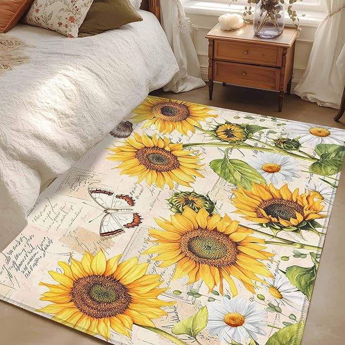 Sunflower Farmhouse 3x5 Area Rugs, Retro Floral Butterflies Non-Skid Rubber Backing Large Rectangle Rugs - Living Room Bedroom Home Office, Spring Summer Indoor Floor Mat Carpets Washable Rug