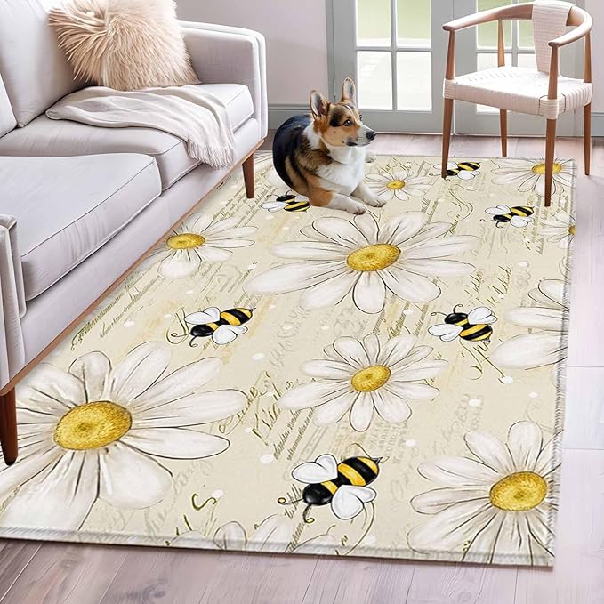 Area Rug 4x6ft, Retro Watercolor White Floral Bee Washable Rugs for Living Room Bedroom, Summer Daisy Letter Texture Soft Non-Slip Area Rugs Rectangle Floor Carpet for Dining Room