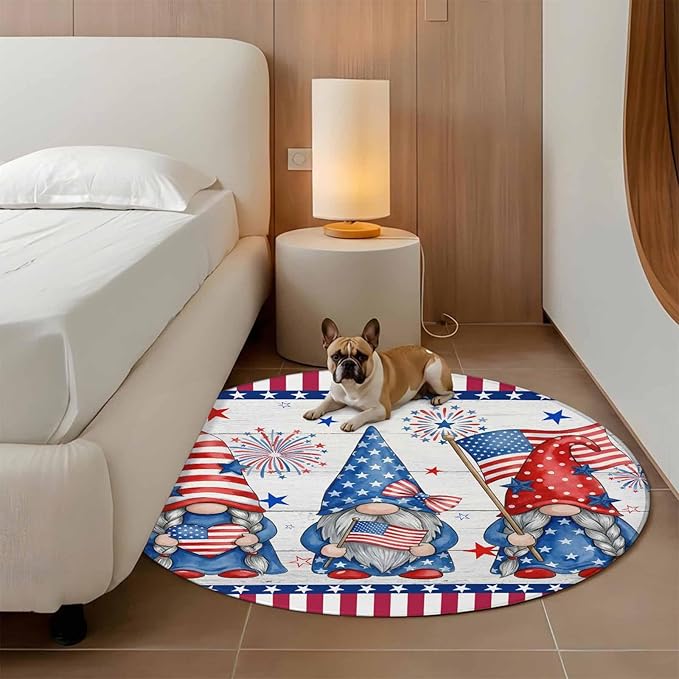 Washable Round Area Rug Independence Day USA Flag Star Dwarf Circle Rugs Floor Carpet for Living Room Bedroom, Stripes on Wood Grain Soft Non Slip Round Rug 5ft
