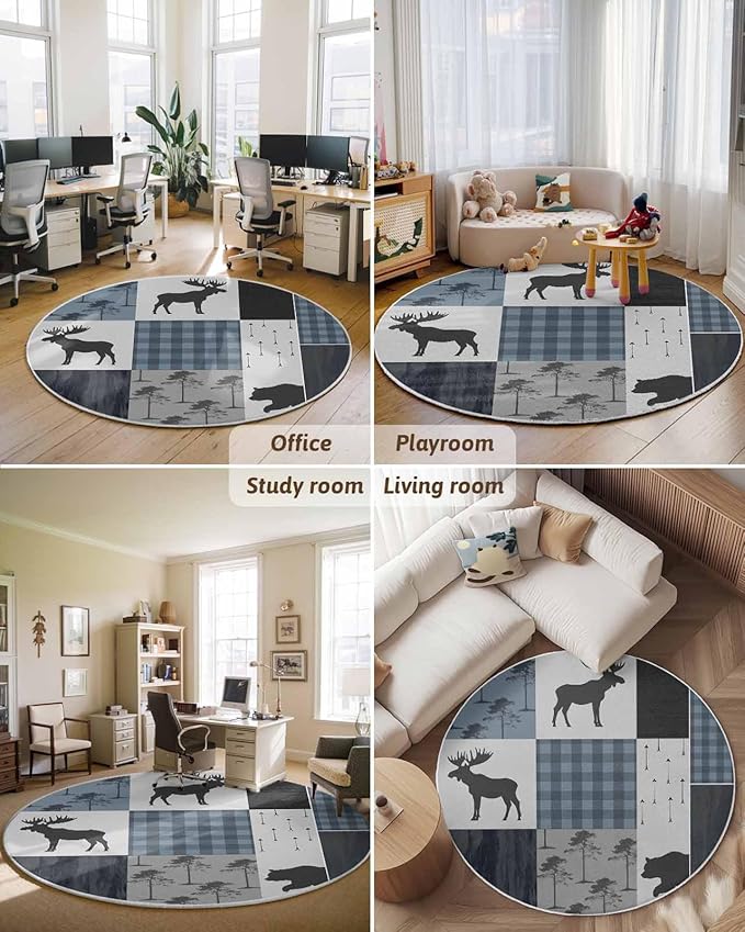 Round Area Rug,Elk Bear Jungle Animal Shadow Circle Living Room Rug Non-Slip Rugs Indoor Carpet,Retro Blue Plaid Soft Comfort Rugs for Bedroom KidsRoom Nursery
