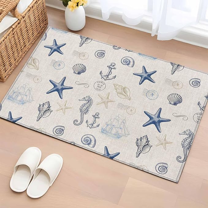 Area Rug 2x3ft, Coastal Seahorse Starfish Shell Conch Washable Rugs for Living Room Bedroom, Vintage Nautical Anchor Soft Non-Slip Area Rugs Rectangle Floor Carpet for Dining Room