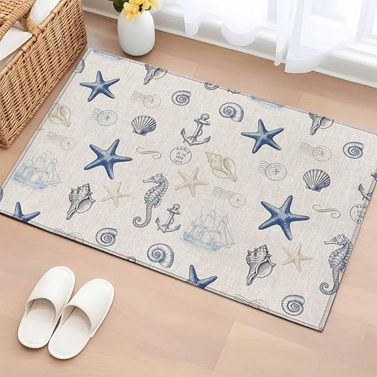 Area Rug 2x3ft, Coastal Seahorse Starfish Shell Conch Washable Rugs for Living Room Bedroom, Vintage Nautical Anchor Soft Non-Slip Area Rugs Rectangle Floor Carpet for Dining Room