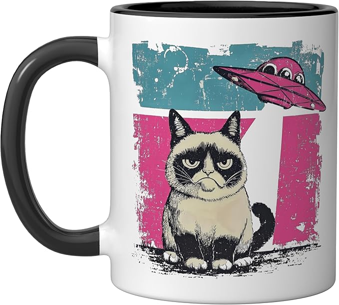 Retro UFO Ragdoll Cat Alien Sci Fi Space Funny Ceramic Mug, Black/White