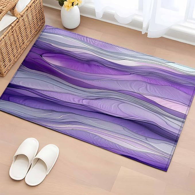 Area Rug 2x3ft, Abstract Art Purple Gray Wave Washable Rugs for Living Room Bedroom, Vintage Marble Texture Soft Non-Slip Area Rugs Rectangle Floor Carpet for Dining Room