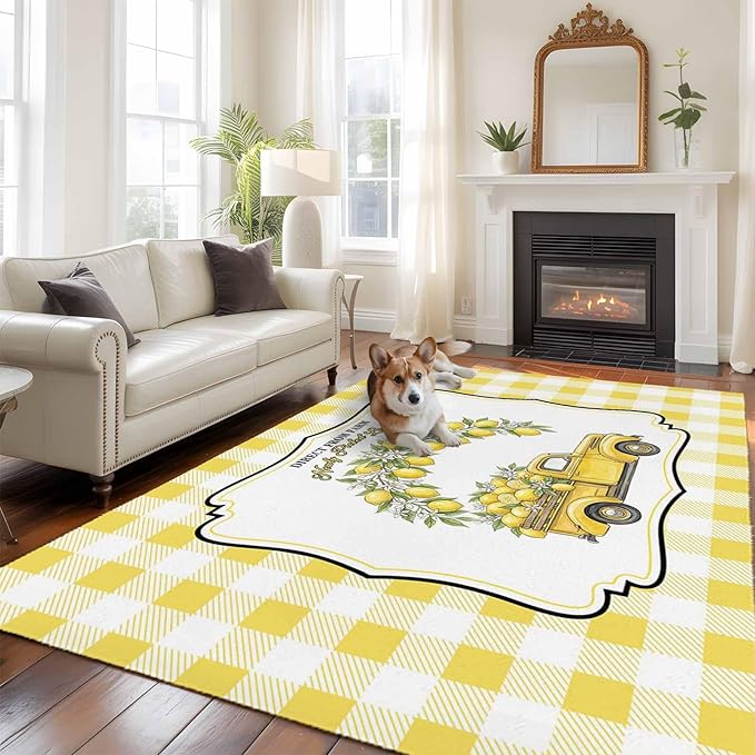 Area Rug 6x9ft, Farm Yellow Truck Lemon Fruit Washable Rugs for Living Room Bedroom, Flower Leaves Buffalo Plaid Soft Non-Slip Area Rugs Rectangle Floor Carpet for Dining Room