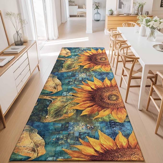 Runner Rug for Bedroom Hallway, Rustic Golden Sunflower on Teal Blue Kitchen Runner Rugs Area Rug 2x6ft, Abstract Floral Washable Soft Floor Carpet for Entryway Stair