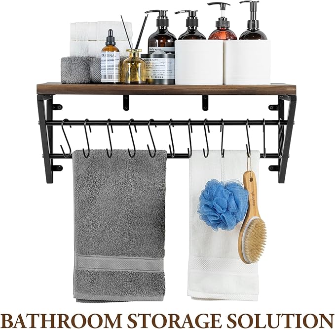 MyGift Urban Industrial Burnt Solid Wood Kitchen Floating Shelf with Black Metal Brackets for Pots and Pans with 12 S-Hooks Utensil Hanger, Wall Mounted Storage Display Shelving
