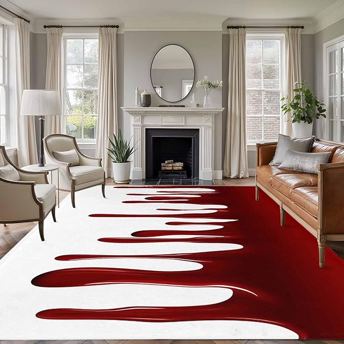 Area Rug 8x10ft, Halloween Pattern Washable Rugs for Living Room Bedroom, Horror Red Fluid Style Soft Non-Slip Area Rugs Rectangle Floor Carpet for Dining Room
