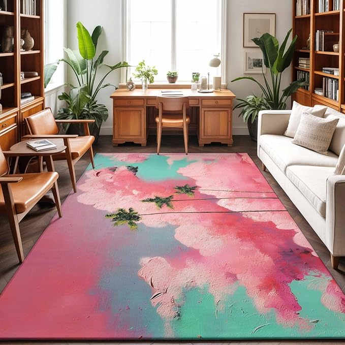 Area Rug 3x5ft, Summer Dreamy Pink Cloud Washable Rugs for Living Room Bedroom, Watercolor Tropical Palm Tree Soft Non-Slip Area Rugs Rectangle Floor Carpet for Dining Room