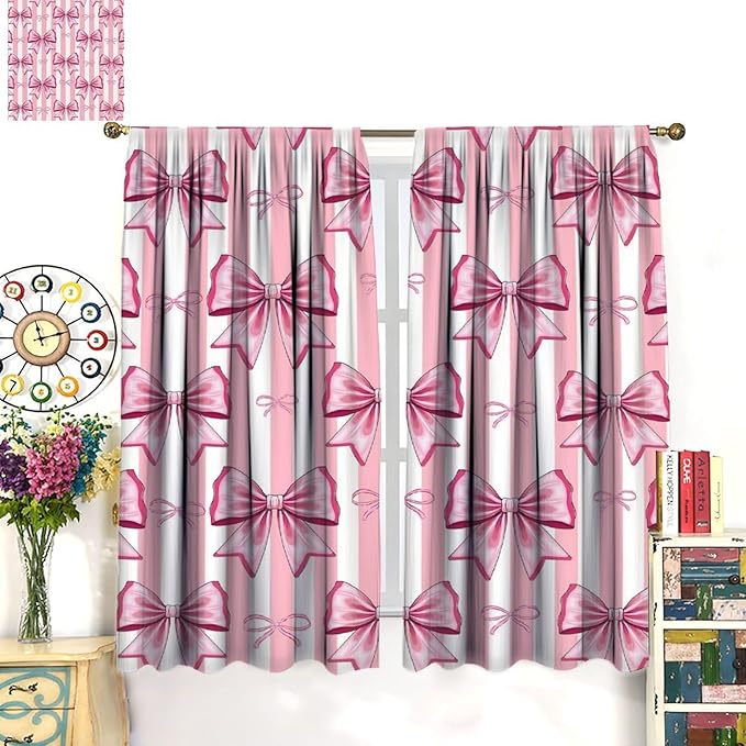 Pink Bowknot Blackout Curtain,Girls Kids Cute Bow Stripe Abstract Window Treatment Curtains Dining Room Living Room Kitchen Cafe Bedroom Office Nursery Drapes,42x45 in