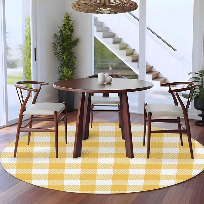 Washable Round Area Rug Rustic Country Yellow and White Buffalo Lattice Checked Circle Rugs Floor Carpet for Living Room Bedroom, Farm Style Soft Non Slip Round Rug 5ft