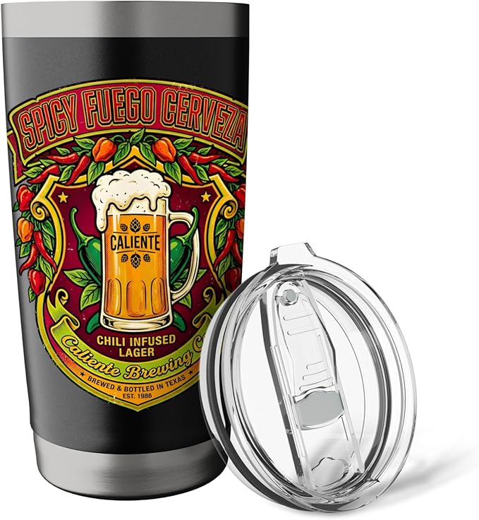 Spicy Fuego Cerveza Chili Texas Drinking Vintage Beer Label Stainless Steel Insulated Tumbler