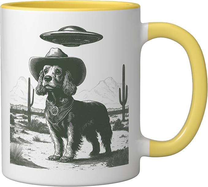 Funny Cowboy Dog UFO Alien Desert Cactus Western Canine Ceramic Mug, Yellow/White