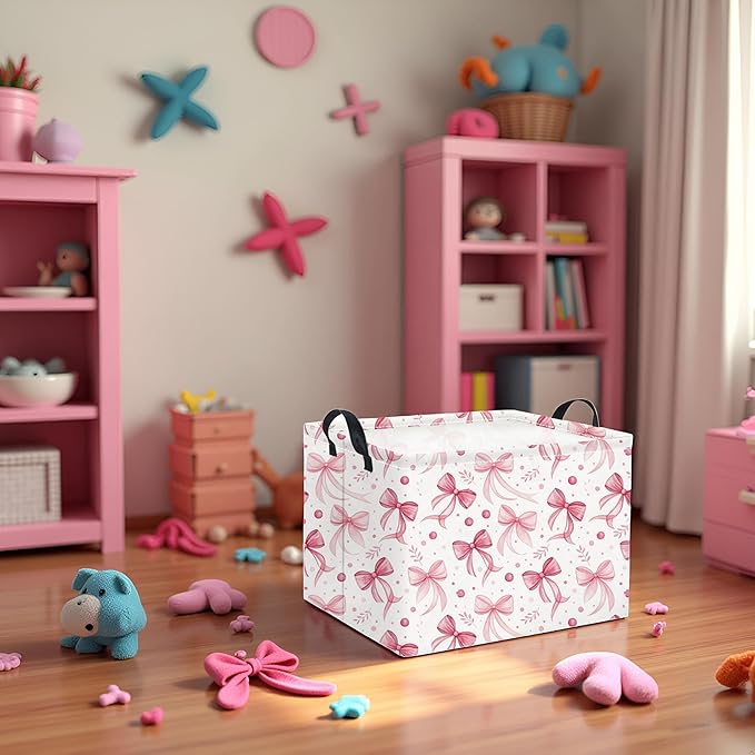 HIYAGON Rectangular Pink Basket for Girls Kids Baby Storage Basket Toy Storage Bin Organizer Box Room Decor(Pink Bowknot)
