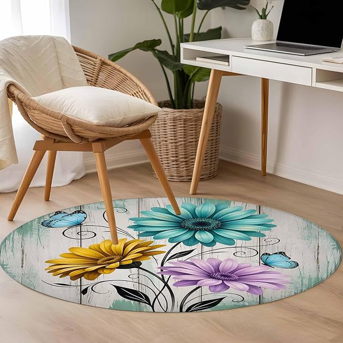 Washable Round Area Rug Farm Flower Daisy Retro Wood Barn Circle Rugs Floor Carpet for Living Room Bedroom, Blossom Flower Butterfly Soft Non Slip Round Rug 3ft