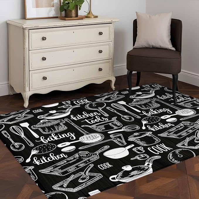 Black Kitchen Tools 4x6 Area Rugs, Modern Cooking Utensil Non-Skid Rubber Backing Large Rectangle Rugs - Living Room Bedroom Home Office, Farmhouse Cookware Indoor Floor Mat Carpets Washable Rug