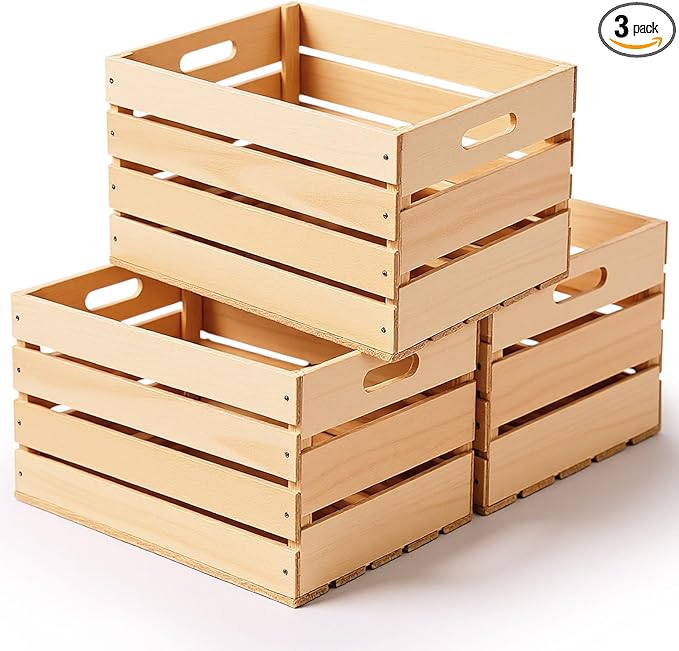 Weysat 3 Pack Large Wood Crates Box for Storage 12 x 10 x 8 Inches Unassembled Wooden Milk Crates with Handle Decorative Nesting Box for Display Rustic Decor DIY Office Home Retail Art Craft (Wood)
