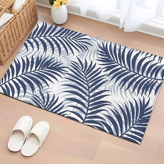 Area Rug 2x3ft, Abstract Navy Blue Palms Leaves Washable Rugs for Living Room Bedroom, Summer Botantical Soft Non-Slip Area Rugs Rectangle Floor Carpet for Dining Room