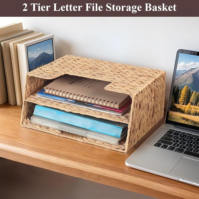 Handwoven Divided Water Hyacinth Wall Magazine Holder - Natural Hanging Organizer for Mail, Newspapers & Magazines, Books & Files - Divided Magazine Basket for Entryway, Living Room, Office