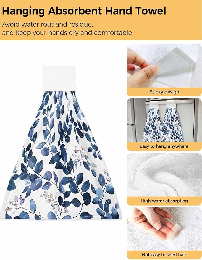 Alandar Home Kitchen Tie Towel Set of 1, Pastoral Eucalyptus Leaves Absorbent Soft Hand Towels for Bathroom Hanging Towels, Navy Blue Botanical On White Fast Drying Cleaning Cloth with Loop