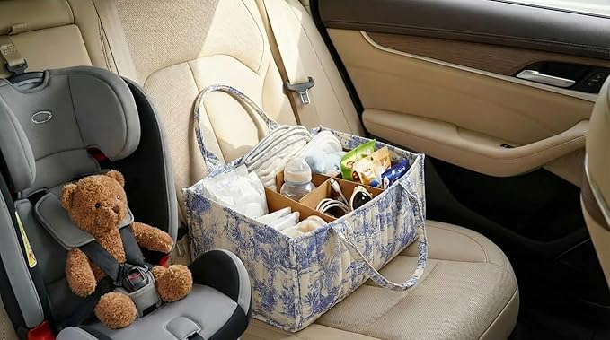 Quilted Fabric Storage Basket Floral Baby Diaper Caddy Quilted Basket Organizer for Newborn Nursery Bedroom Car Storage