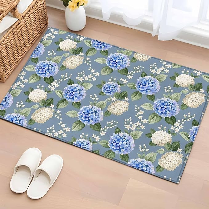 Area Rug 2x3ft, Watercolor Purple White Hydrangea Washable Rugs for Living Room Bedroom, Spring Flower on Gray Blue Soft Non-Slip Area Rugs Rectangle Floor Carpet for Dining Room
