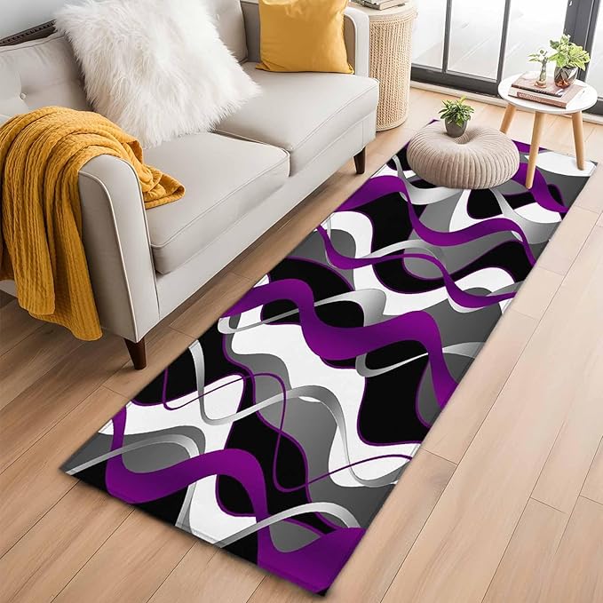 Runner Rug for Bedroom Hallway, Abstract Purple Gray Black White Stripes Kitchen Runner Rugs Area Rug 2x6ft, Modern Lines Washable Soft Floor Carpet for Entryway Stair