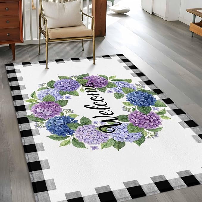 Area Rug 4x6ft, Summer Hydrangea Leaf Washable Rugs for Living Room Bedroom, Purple Blue Flower Buffalo Check Soft Non-Slip Area Rugs Rectangle Floor Carpet for Dining Room
