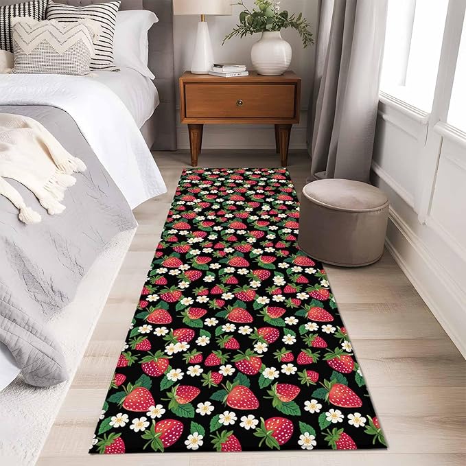 Runner Rug for Bedroom Hallway, Red Strawberry Litter Flower Leaves on Black Kitchen Runner Rugs Area Rug 2x6ft, Summer Fruit Washable Soft Floor Carpet for Entryway Stair